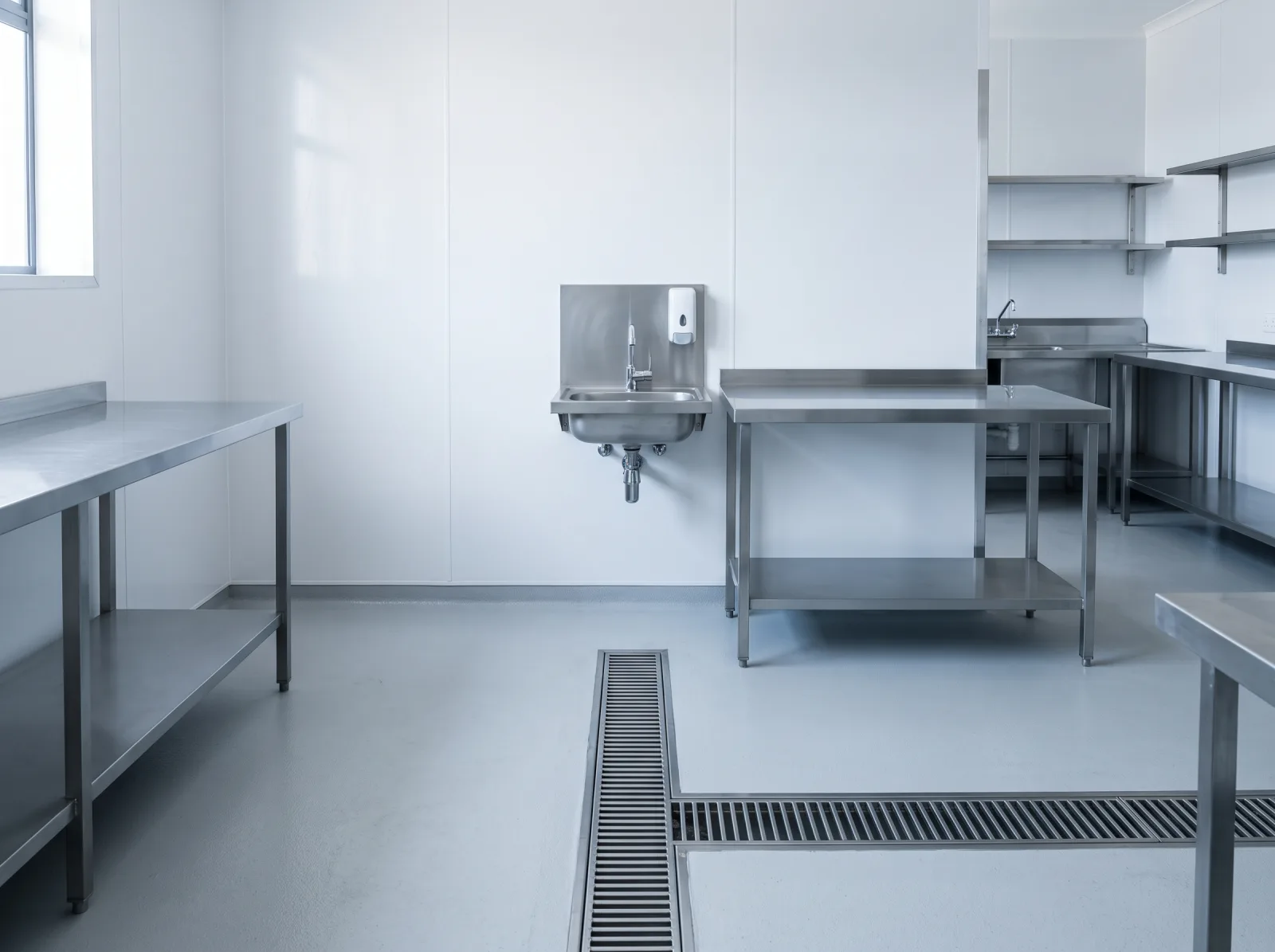 A clean commercial food-preparation area with a hand-wash basin