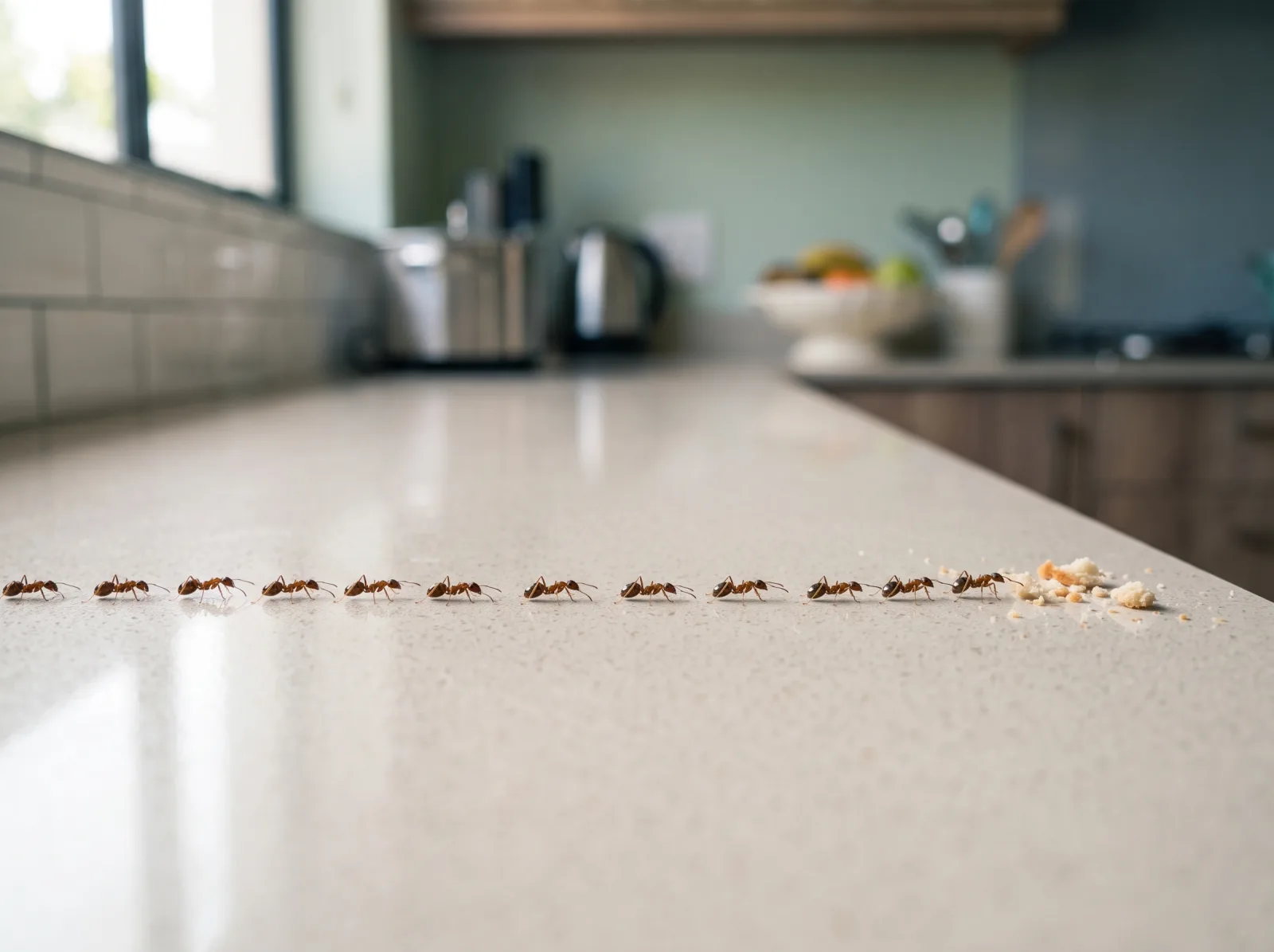 A line of ants on a kitchen countertop