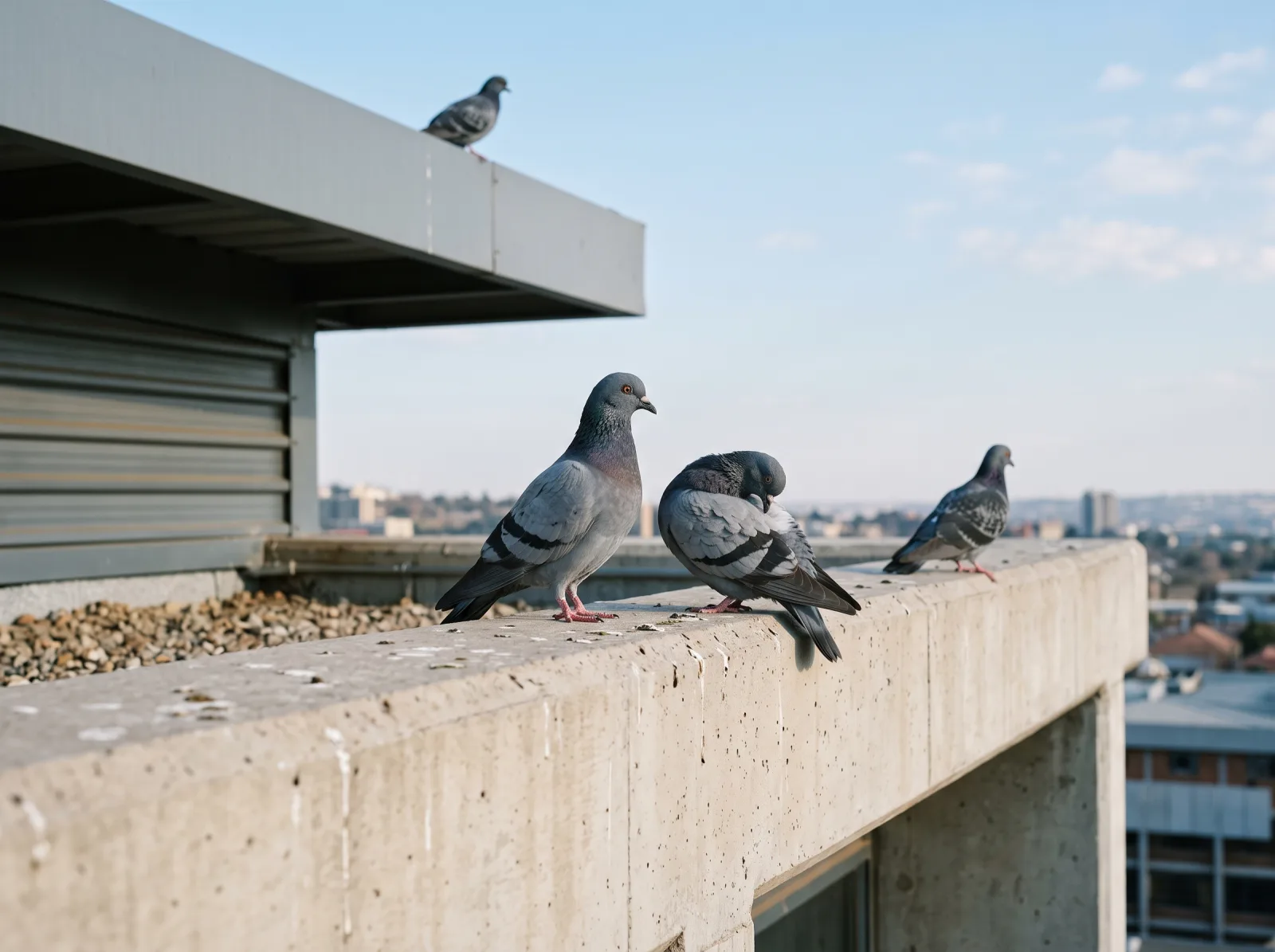 Pigeons on a building ledge