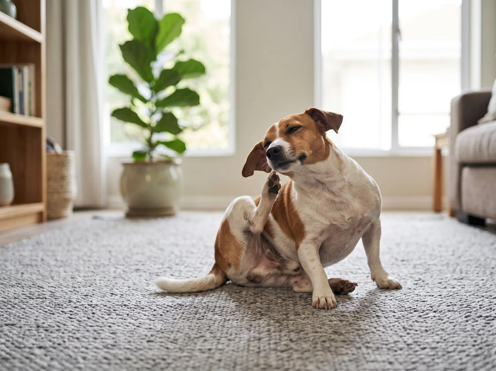A dog scratching behind its ear on a rug