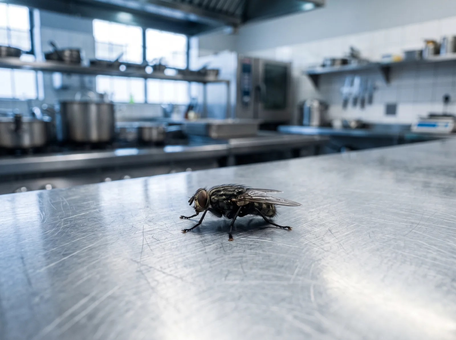 A house fly on a stainless-steel kitchen counter