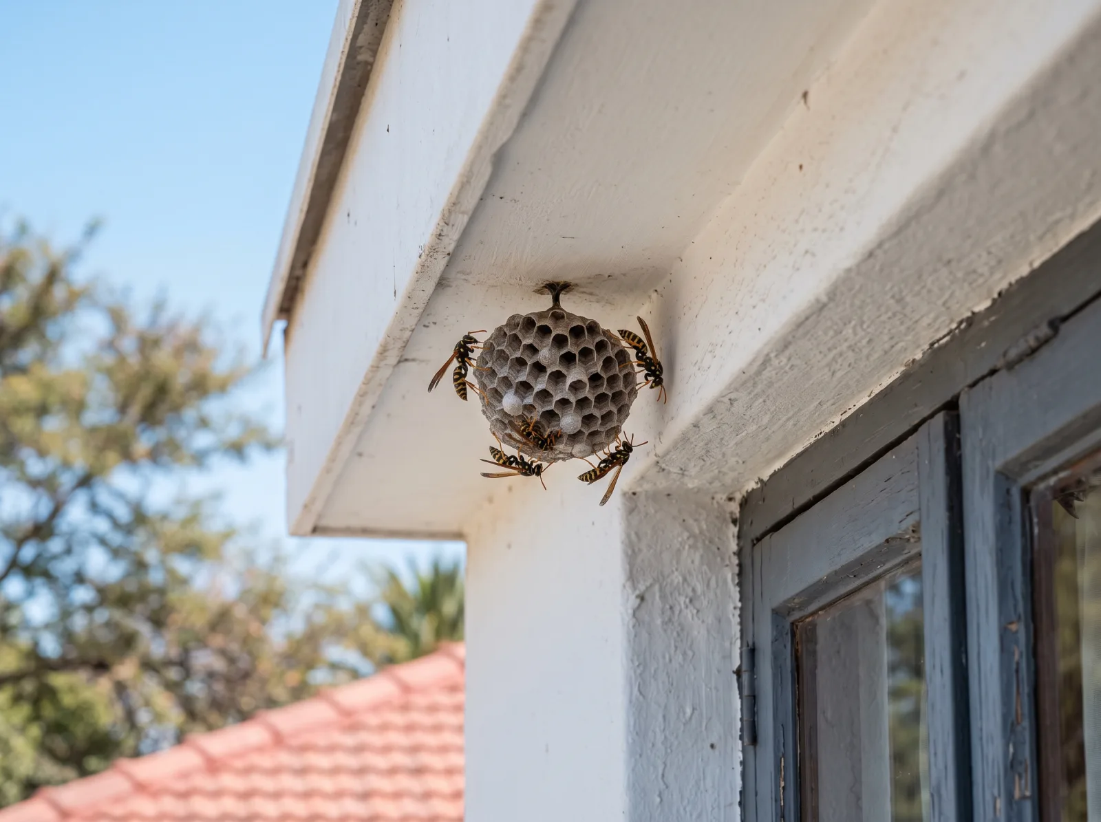 A paper wasp nest under a roof eave