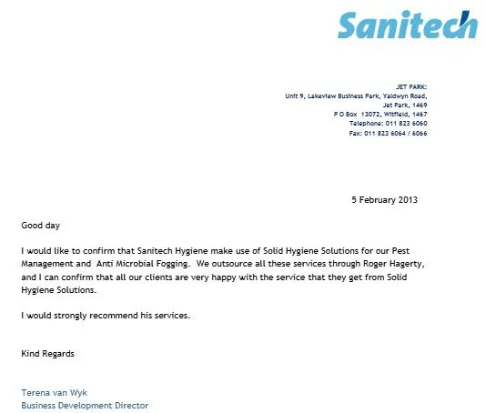 Reference letter from Sanitech Hygiene