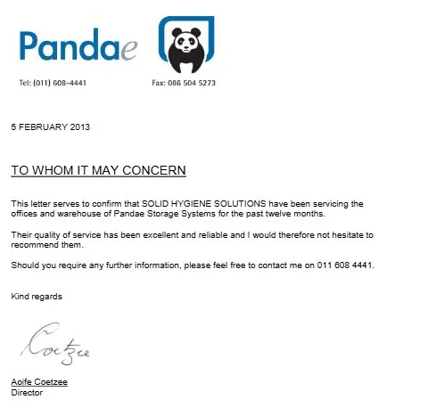 Reference letter from Pandae Storage Systems