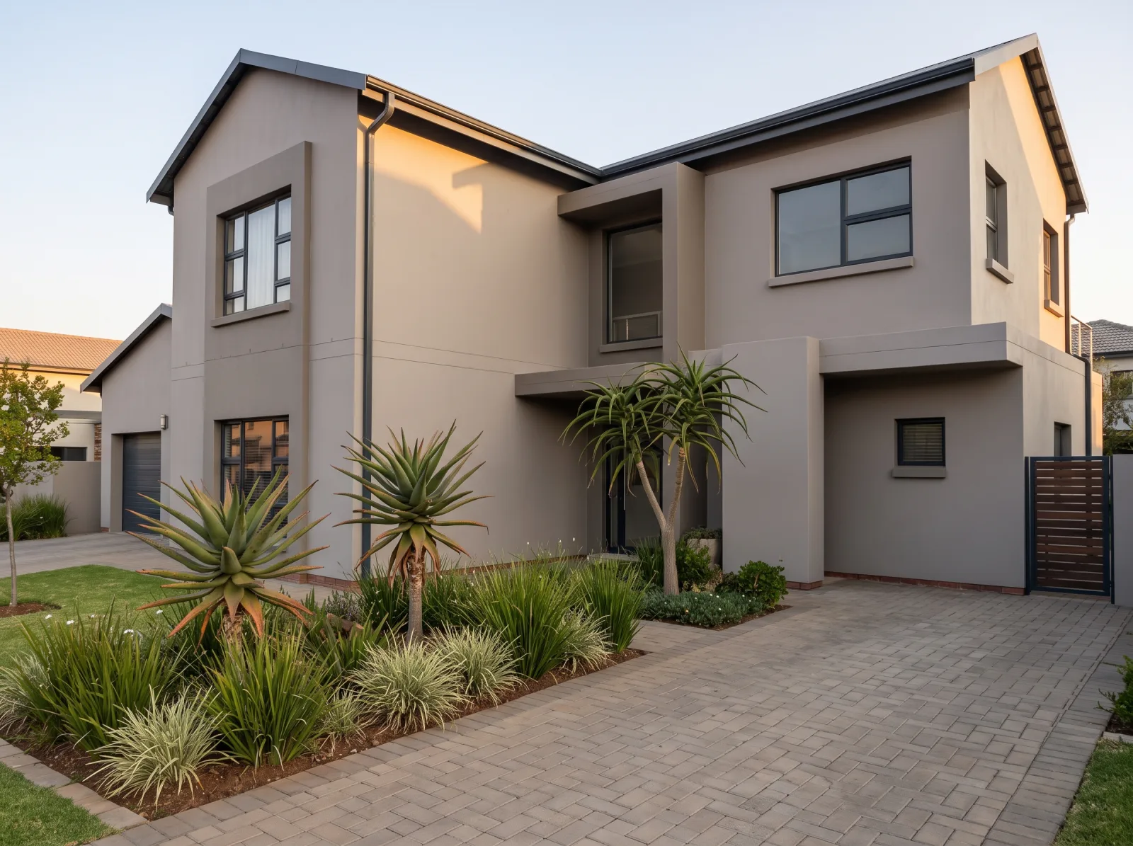 A modern double-storey estate home with an aloe garden