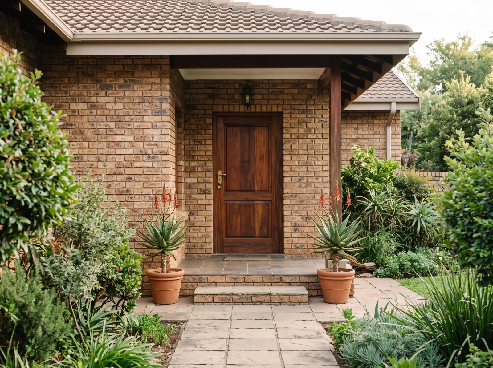 The front door and garden path of a face-brick home
